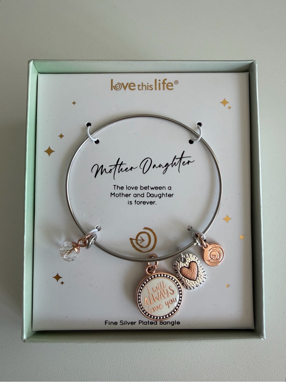 Love This Life Mother Daughter Charm Bangle Bracelet Silver Tone NWT